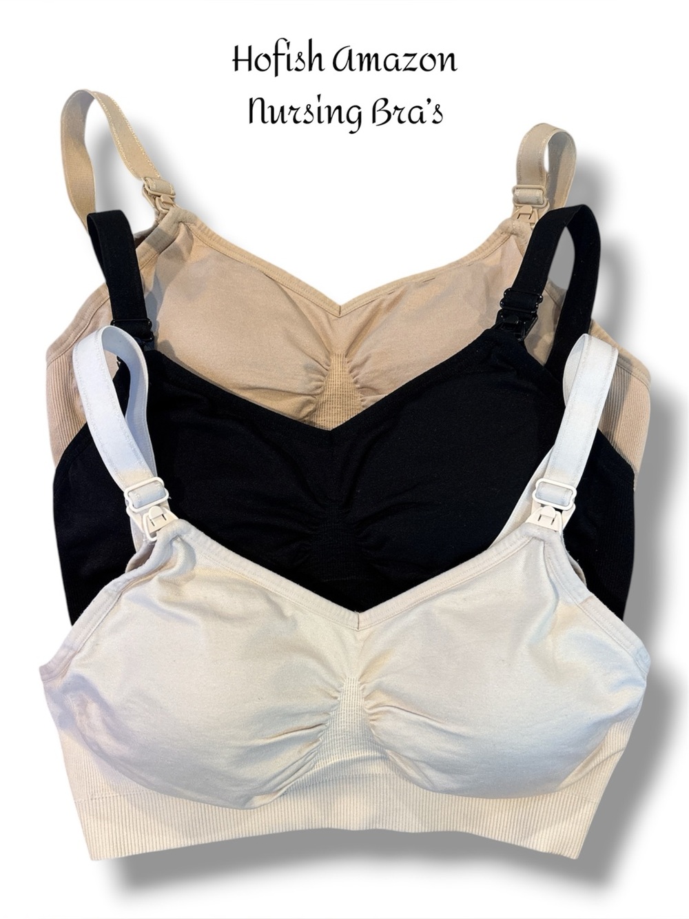 Hofish Seamless Maternity Nursing Bras 3-Pack Black Beige White Size Medium